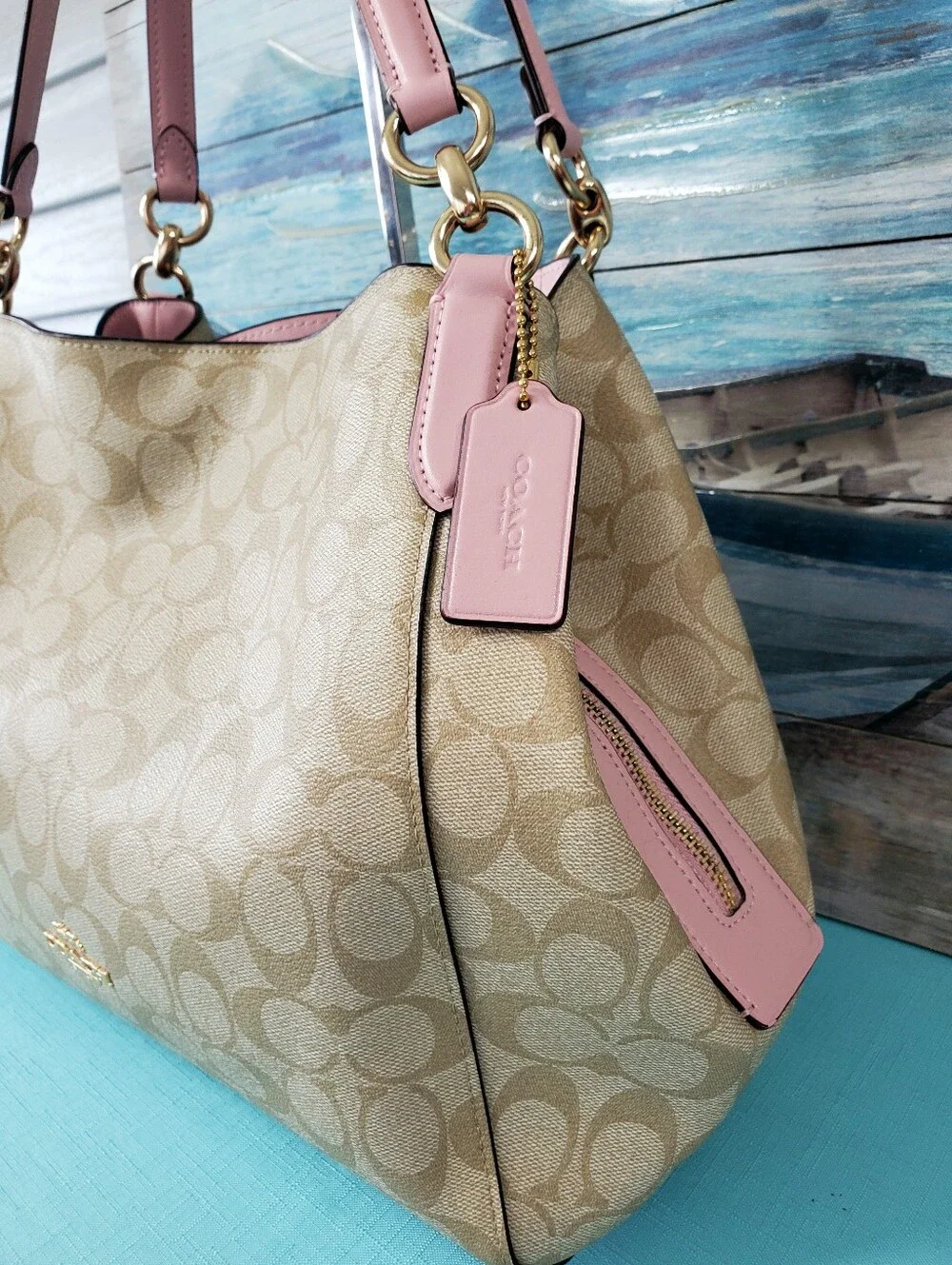 Coach Hallie Shoulder Bag In Signature Canvas Khaki / Pink Blossom F80298